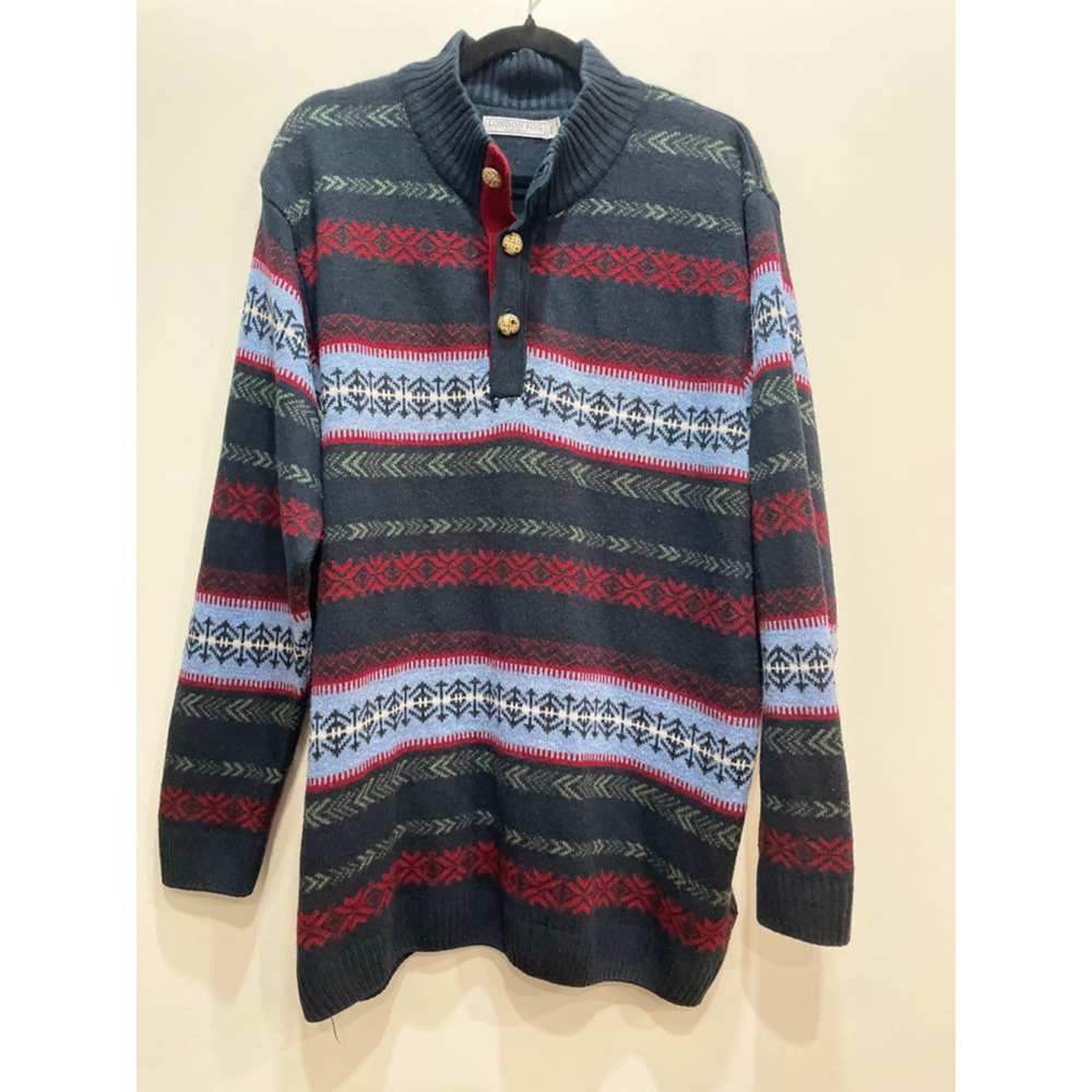 London Fog XXL Knit Fair Isle Sweater Henley Pullover Ski Grandpa Holiday
